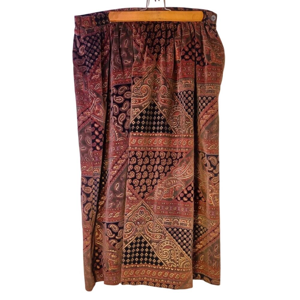 VTG Gregge Sport Velvet Patchwork Paisley Midi Skirt Women's Size 14 Boho Hippie